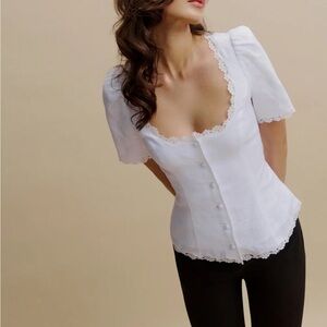 Reformation Anabella White Lace Trim Linen Top, size 8 currently sold out
